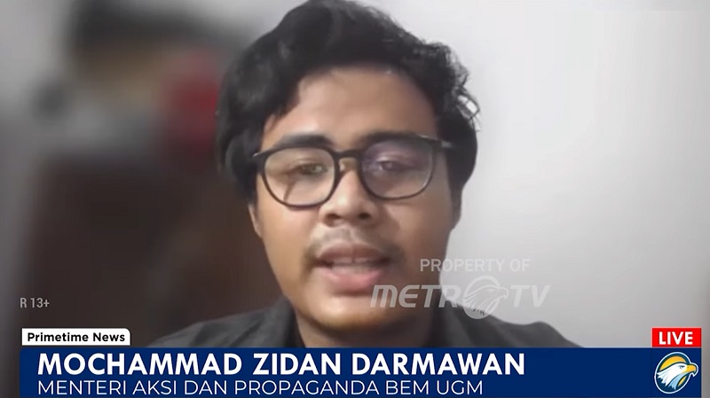 Menteri Aksi dan Propaganda BEM UGM (Universitas Gadjah Mada), Mochammad Zidan Darmawan. (Tangkapan Layar MetroTV)