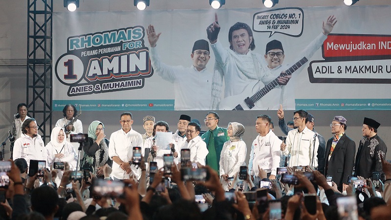 Raja Dangdut Rhoma Irama deklarasi dukung pasangan Capres-Cawapres nomor urut 1, Anies Baswedan dan Muhaimin Iskandar. (Foto: Tim AMIN)