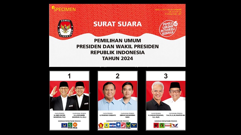 Surat suara Pilpres 2024. (Foto: Repro)