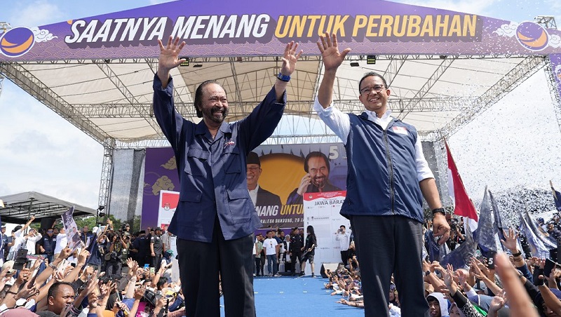 Ketum NasDem Surya Paloh dan Capres nomor urut 1 Anies Baswedan saat masa kampanye. (Foto: Repro)