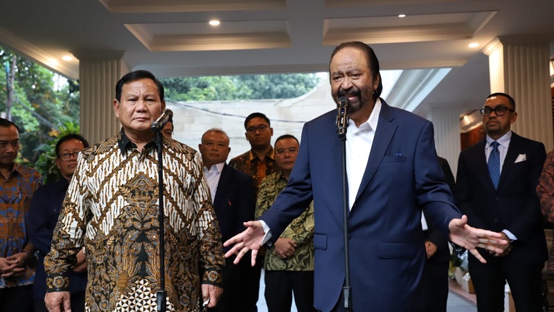 Ketum NasDem Surya Paloh saat mendatangi Capres terpilih Prabowo Subianto. (Foto: Repro)