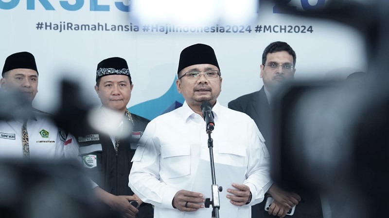 Menteri Agama Yaqut Cholil Qoumas  memberikan keterangan pers terkait selesainya penyelenggaraan haji tahun 2024. [Foto: Kemenag]