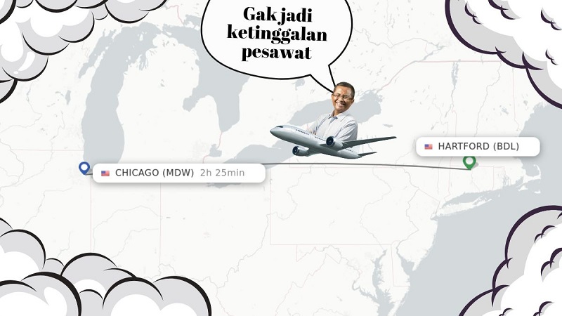 Ilustrasi perjalanan Dahlan Iskan dari Hartford ke Chicago. [Disway]