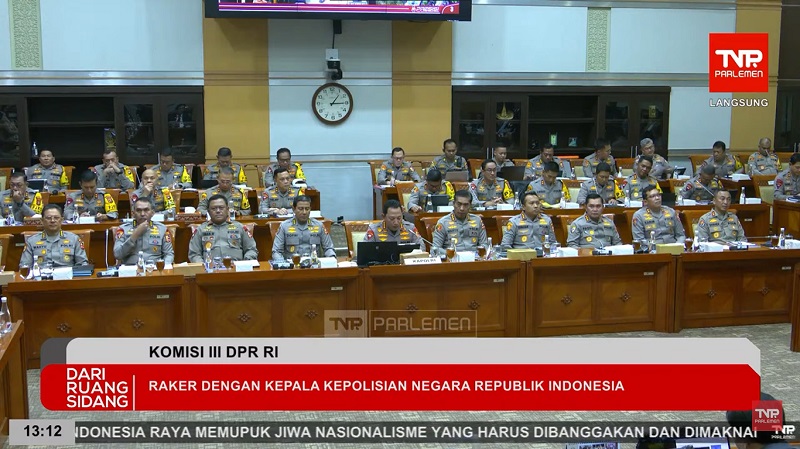 Kapolri Jenderal Listyo Sigit Prabowo dan jajaran saat raker dengan Komisi III DPR RI. [Foto: Repro/RMN]