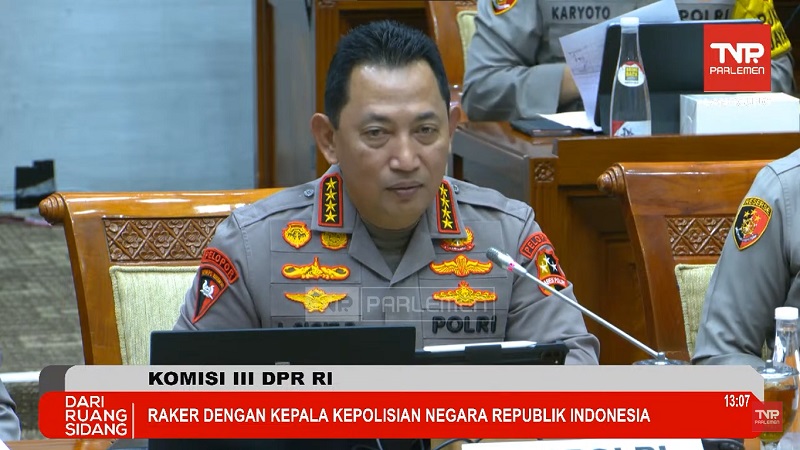 Kapolri Jenderla Listyo Sigit Prabowo saat Rapat Kerja Komisi III dengan Kepolisian Republik Indonesia. [Foto: TangkapanLayar TV Parlemen/RMN]