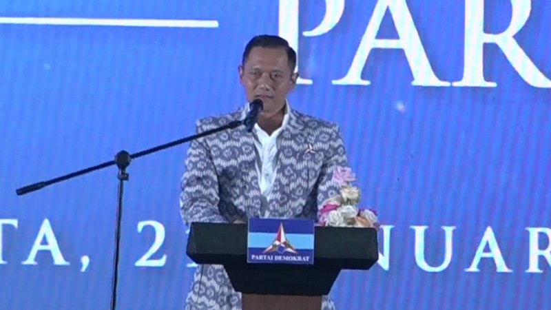 Ketum Demokrat AHY memberikan sambutan dalam acara Perayaan Natal dan Tahun Baru Partai Demokrat, yang digelar di TMII, Jakarta Timur, pada Selasa (21/1). [TangkapanLayar]