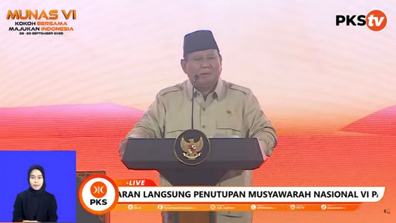 Presiden Prabowo Subianto berpidato di acara Munas PKS VII di Hotel Sultan, Jakarta, Senin (29/9/2025) - TangkapanLayar PKSTV -