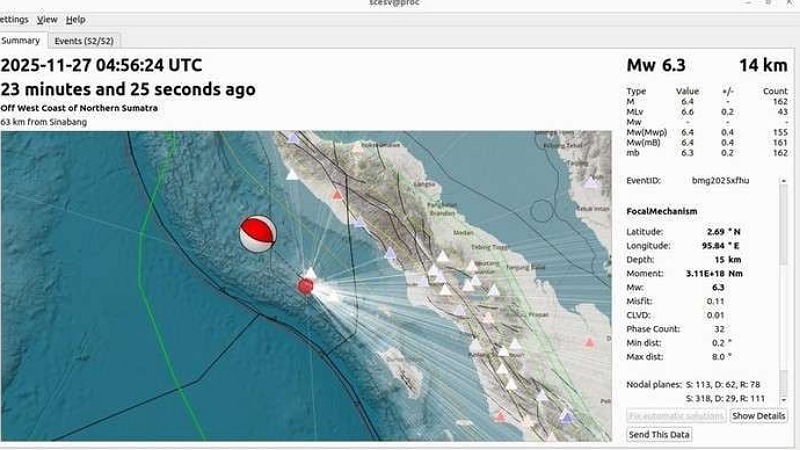 Gempa bumi magnitudo 6,3 terjadi di Sinabang, Aceh, Kamis (27/11/2025) - Foto: BMKG -