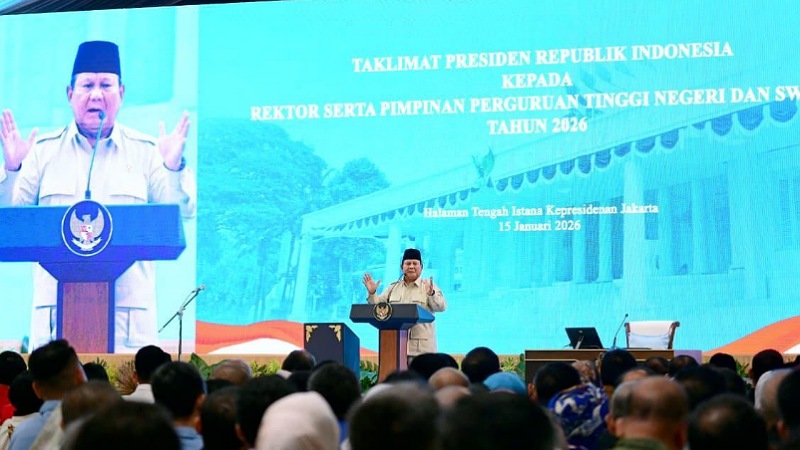 Presiden Prabowo Subianto Dalam forum Taklimat Presiden dengan Rektor dan Pimpinan Perguruan Tinggi Negeri Tahun 2026, Kamis (15/1/2026) - BPMI Setpres -
