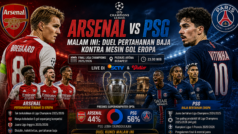 Arsenal vs PSG Malam Ini: Duel Pertahanan Baja Kontra Mesin Gol Eropa