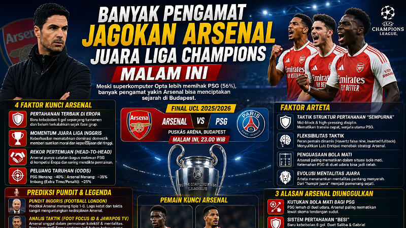 Banyak Pengamat Jagokan Arsenal Juara Liga Champions Malam Ini