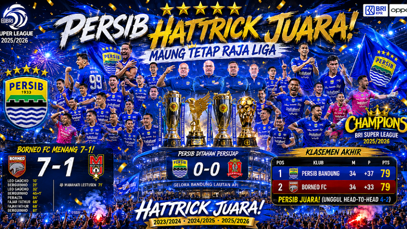 Persib Hattrick Juara! Borneo FC Menang 7-1, Maung Tetap Raja Liga