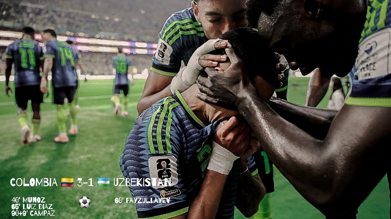 Pemain Kolombia merayakan gol kemenangan atas Uzbekistasn -