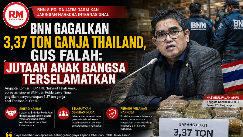 Anggota Komisi III DPR RI Nasyirul Falah Amru menagpresiasu langkah BNN dan Polda Jatim membongkar jarinngan narkoba internasional - RMN -