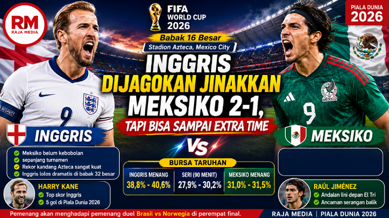 Inggris Dijagokan Jinakkan Meksiko 2-1, Tapi Bisa Sampai Extra Time