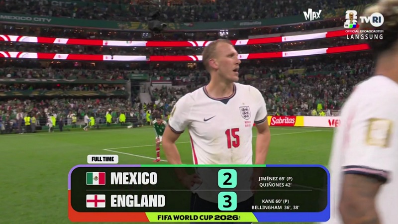 Inggris berhasi memenangkan pertandingan secara dramatis melawan meksiko dengan skor 3-2. - TVRI  -