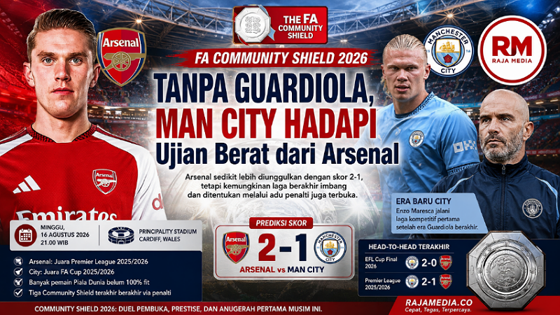 FA Community Shield! Tanpa Guardiola, Man City Hadapi Ujian Berat dari Arsenal