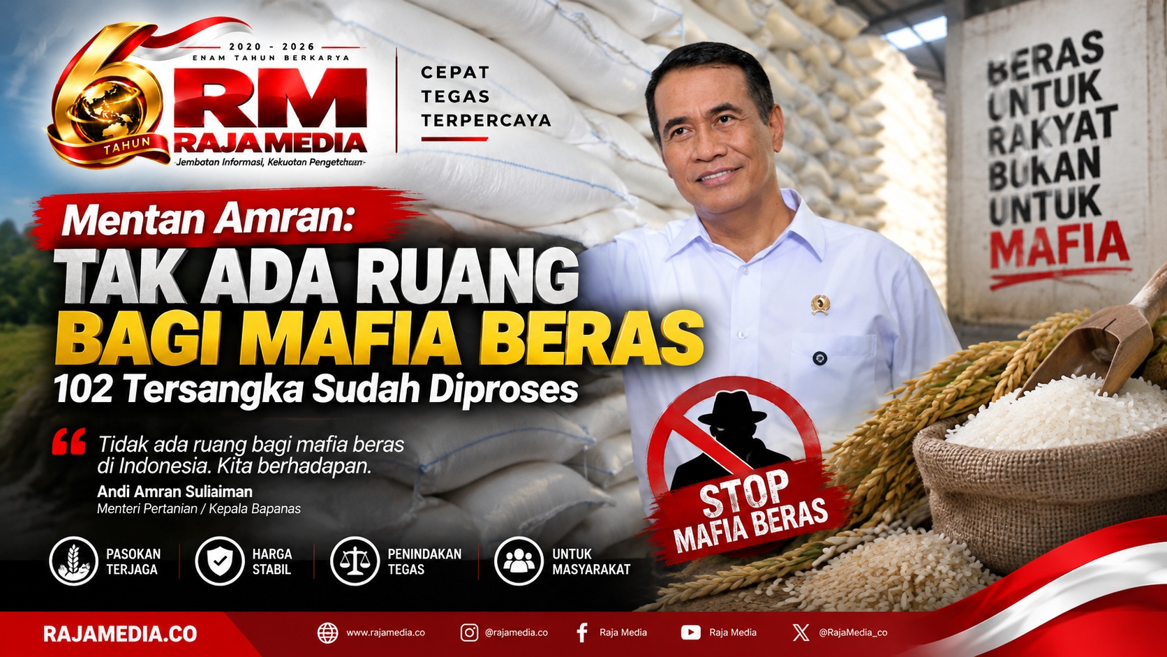 Mentan Amran: Tak Ada Ruang bagi Mafia Beras, 102 Tersangka Sudah Diproses