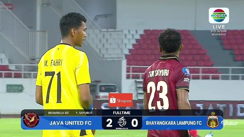 Java United FC sukses mengalahkan Bhayangkara Lampung FC 2-0 di pekan ke 8 BRI Super League 2026/2027 - Tangkapan Layar -