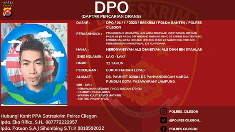 Foto DPO penculikan anak di Cilegon/Repro