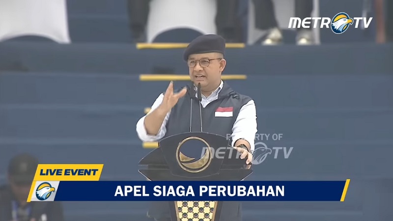 bakal calon presiden (Bacapres) Anies Baswedan menyampaikan pidat politik dalam Apel Siaga Prubahan. (Foto: Repro)