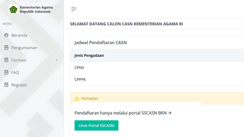 Portal khusus CASN Kementerian Agama (Foto: Tangkapan Layar)