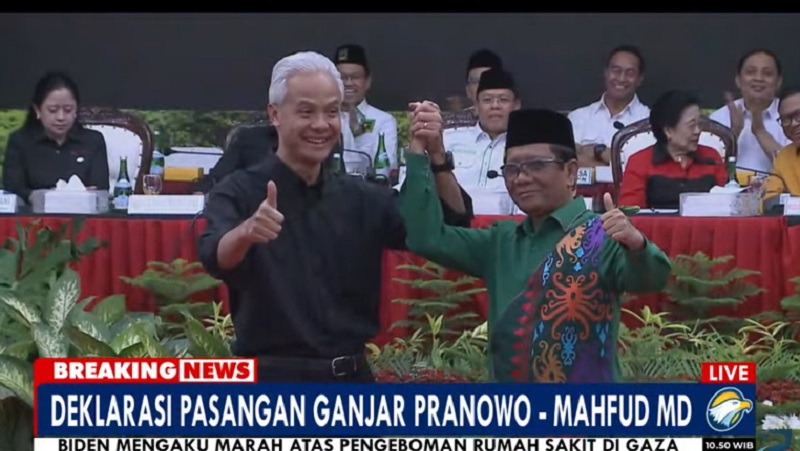 Deklarasi pasangan Capres dan Cawapres Ganjar Pranowo dan Mahfud MD. (Tangkapan Layar MetroTV)