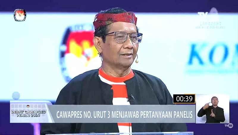 Cawapres nomor urut 3, Mahfud MD dalam Debat Cawapres. (Tangkapan Layar)