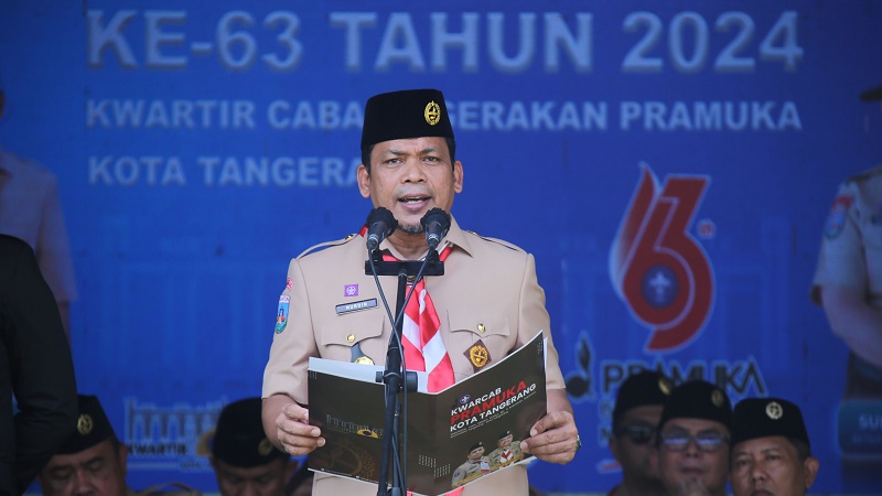 Pj Walikota Tangerang Nurdin aat bertindak sebagai pembina dalam Upacara Peringatan Hari Ulang Tahun (HUT) Pramuka ke-63 Tahun 2024. [Foto: Dok Pemkot]