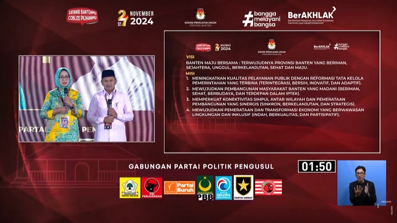 Cagub dan cawagub nomor urut 01 Airin Rachmi Diany dan Ade Sumardi memaparkan visi dan misi pada debat kedua Pilgub Banten. [Foto: Repro/RMB]