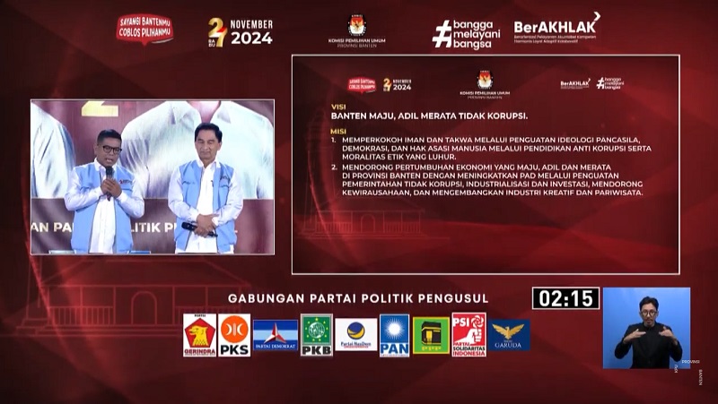 Palon nomor urut 02 Andra Soni dan Dimyati Natakusumah menyampaikan visi dan misi di debat kedua Pilgub Banten. [Foto: Repro/RMB]