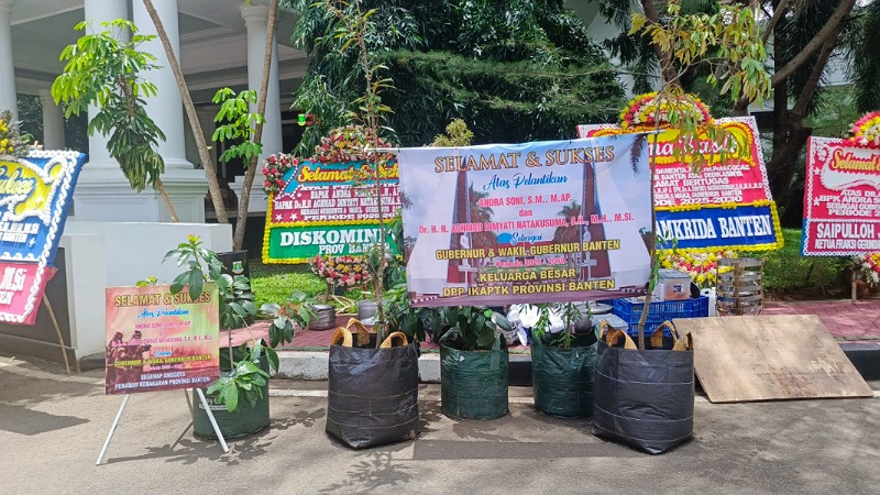 Pelantikan Gubernur Banten Andra Soni dapat ucapan selamat pakai Bibit Pohon. - Foto: Adpimpro Sedta Banten -