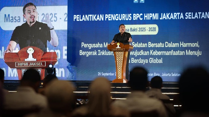 Menteri UMKM Maman Abdurahman di acara pelantikan pengurus BPC HIPMI Jakarta Selatan di Jakarta, Jumat (26/9/2025). - Kemen UMKM -