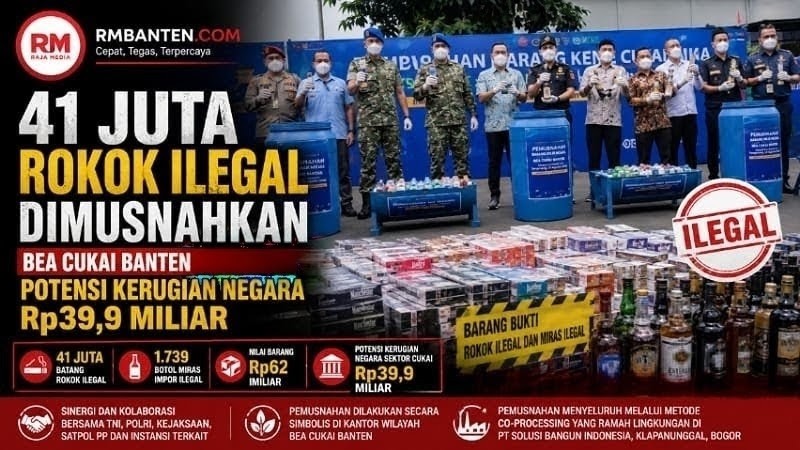 41 Juta Rokok Ilegal Dimusnahkan Bea Cukai Banten, Potensi Kerugian Negara Rp39,9 Miliar