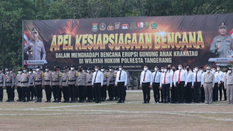 Apel Gabungan Kesiapsiagaan Bencana bersama TNI-Polri, BPBD, tenaga kesehatan, PMI, Satpol PP, Dishub, dan relawan di wilayah hukum Polresta Tangerang, Selasa (8/9/2026). - Prokopim Tangerang -