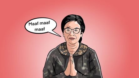 Ilustrasi Sri Mulyani minta maaf.-Ilustrasi: Maulana Pamuji Gusti-Harian Disway-