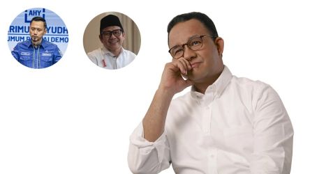 Kolase Anies Baswedan sedang memikirkan AHY dan Cak Imin. (Foto: Redaksi)