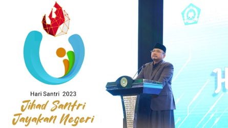 Menteri Agama Yaqut Cholil Qoumas saat merilis logo Hari Santri 2023. (Foto: Kolase Dok Kemenag)