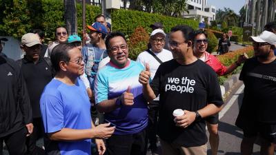 Bacagub dan bacawagub Jakarta Pramono Anung-Rano Karno saat bertemu Anies Baswedan di CFD. [Foto: Disway]