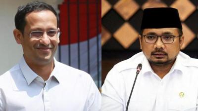 Ilustrasi kolase mantan Menteri Pendidikan, Kebudayaan, Riset, dan Teknologi Nadiem Anwar Makarim, dengan mantan Menteri Agama Yaqut Cholil Qoumas. - Repro -