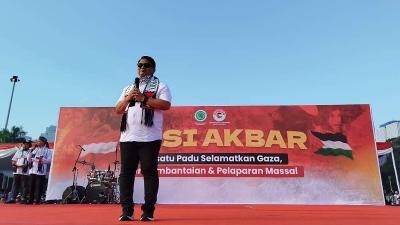 Ketua BKSAP DPR RI, Mardani Ali Sera di Aksi Akbar Bersatu Padu Selamatkan Gaza di Silang Monas, Jakarta, Minggu (3/8/2025) - Foto: Dok RRI -