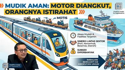 Kolase imbauan pemudik motor gunakan transportasi lainnya yang aman - Raja Media Network -