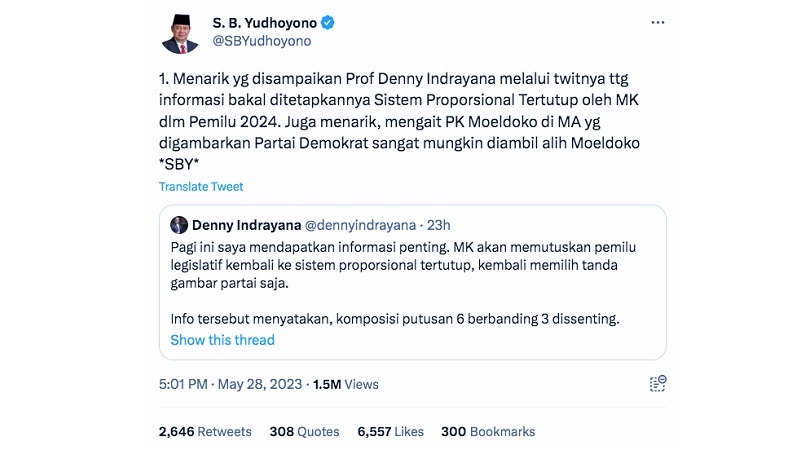 SBY membalas cuitan Denny Indrayana terkait upaya mengembalikan pemilu sistem proporsional tertutup.-Twitter @SBYudhoyono-