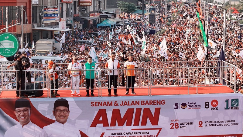 Senam dan jalan baren pasangan AMIN di Depok. (Foto: Repro)