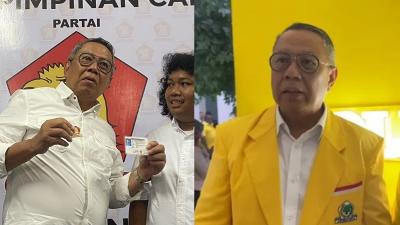 Benyamin Davnine (kiri) saat menerima KTA dan PIN Gerindra dan Benyamin (kanan) saat menjadi kader Golkar. [Foto: Repro]