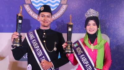 Muhammad Farhan dari Kecamatan Sepatan dan Regina Nastalia Shanifa dari Kecamatan Pagedangan resmi dinobatkan sebagai Kang dan Nong Kabupaten Tangerang 2025. - Prokopim Tangerang -
