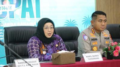 Wakil Bupati Tangerang Intan Nurul Hikmah saat menghadiri Rakor Lintas Sektoral persiapan pengamanan Idul Fitri 1447 H dalam rangka Operasi Ketupat Maung 2026 di Aula Parama Satwika Polresta Tangerang, Kamis (5/3/2026). - Dok Pemkot Tangerang -