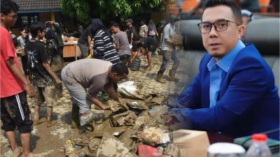 Kolase foto Anggota Komisi IV DPRD Kota Bekasi Misbahudin dan pemulihan pasca banjir. - Repro -